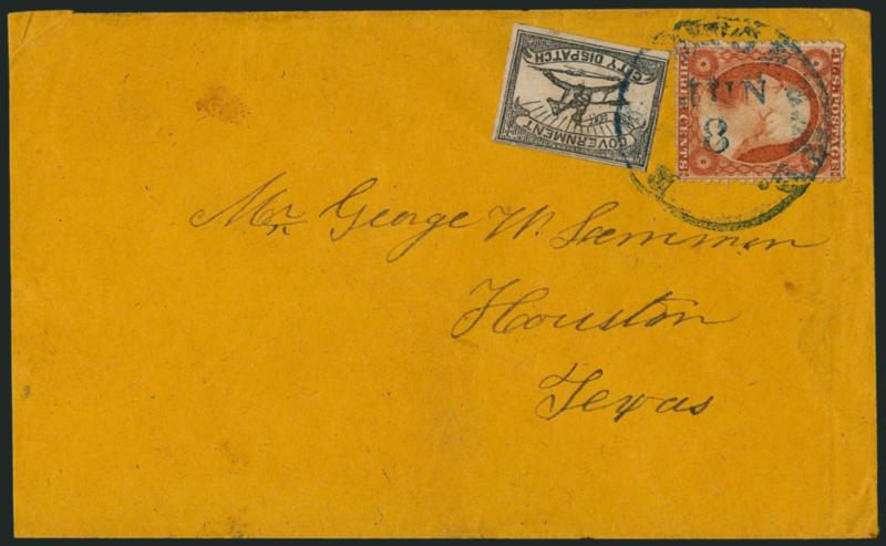 Baltimore Md., 1c Black, SENT (1LB8a).> Position 7, ample to large margins, used with 3c Dull Red, Ty. III (26), tied by blue Baltimore Md. Jun. 8 circular datestamp on buff cover to Houston Tex., Very
Fine