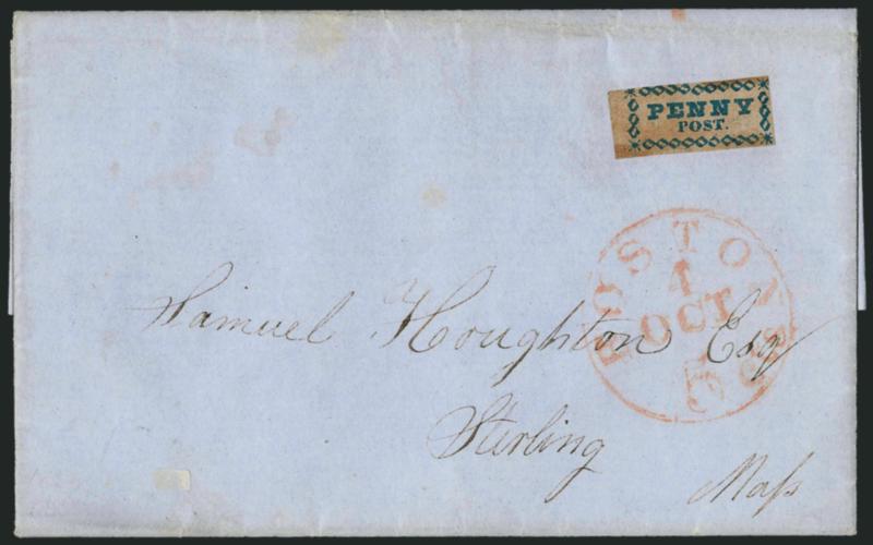 Boston Mass., 1c Blue on Pelure (3LB1).> Ample margins to slightly in at top, usual brown gum toning, uncancelled as usual, used on blue 1850 folded letter to Sterling Mass., red Boston 5 cts. 4 Oct.
integral-rate circular datestamp, Very Fine