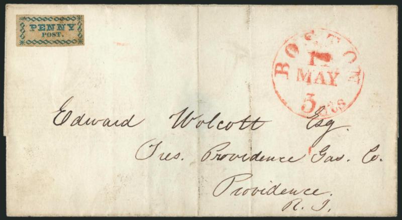 Boston Mass., 1c Blue on Pelure (3LB1).> Large margins to clear, slight brown gum toning, uncancelled as usual, used on folded cover to Providence R.I., red Boston 5 cts. 11 May integral-rate circular
datestamp, slightly soiled file folds, Very Fin