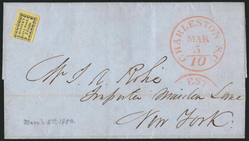 Honours City Post, Charleston S.C., 2c Black on Yellow (4LB7).> Three huge margins, touched along ornaments at left, uncancelled, red Charleston S.C. Mar. 510 integral-rate circular datestamp on blue folded
cover to New York City, receipt docketi