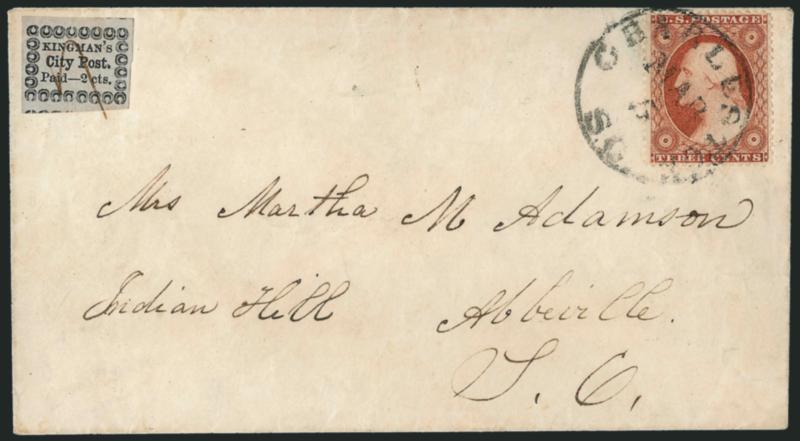 Kingmans City Post, Charleston S.C., 2c Black on Bluish (4LB14).> Large margins all around, tied by ms. cancel, used with 3c Dull Red, Ty. III (26), tied by Charleston S.C. Mar. 5 circular datestamp on small
cover to Abbeville S.C.<><>^EXTREMELY