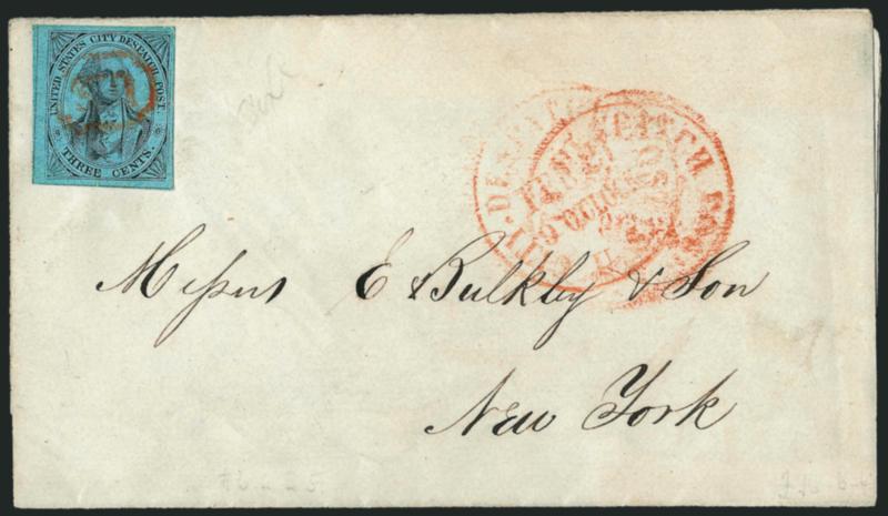 U.S. City Despatch Post, New York N.Y., 3c Black on Blue Green Glazed (6LB5).> Full to large margins, attractive light shade, cancelled by red U.S. in frame (impression ties thru paper), matching U.S. City
Despatch Post Feb. 21 9 OClock Type II