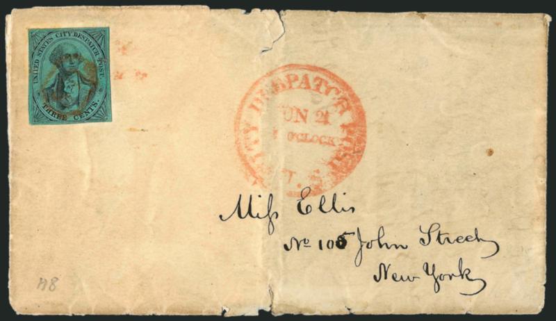 U.S. City Despatch Post, New York N.Y., 3c Black on Green Glazed (6LB5d).> Margins all around, minor corner creases, cancelled by red U.S. in octagon, matching U.S. City Despatch Post Jun. 21 1 OClock Type I
circular datestamp on folded handwrit