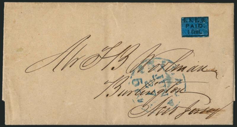 U.S.P.O., Philadelphia Pa., 1c Black on Blue Glazed (7LB7).> Large bottom margin, frameline at right is complete, traces of others, uncancelled, used on 1850 folded letter to Burlington N.J., blue Philada. Pa.
5 cts. Jun. 27 integral-rate circular