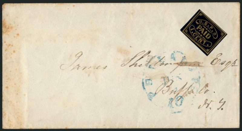 U.S.P.O., Philadelphia Pa., 1c Gold on Black Glazed (7LB11).> Large margins to clear at top, clear impression, uncancelled, used on cover to Buffalo N.Y., lightly stuck blue Philada. Pa. 10 Jun. 4 integral-rate
circular datestamp, some toned specks