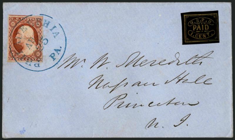 U.S.P.O., Philadelphia Pa., 1c Gold on Black Glazed (7LB11).> Three large to huge margins, clear to ample at right, uncancelled, used with 3c Orange Brown, Ty. I (10), large margins to touching at right, tied
by blue Philadelphia Pa. Aug. 25 (1851)