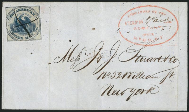 American Letter Mail Co., (5c) Blue on Gray (5L3).> Cut close all around with parts of inner framelines showing, ms. X cancel, used on folded cover to New York, red Forwarded by the American Mail Co., Office,
56 Wall St., N.Y. oval handstamp appl
