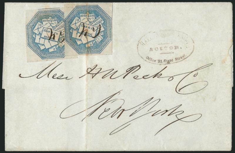 Hale & Co., 5c Blue, Street Address Omitted (75L5).> Two overlapping singles which show that the ms. NY is a control mark applied to the stamps before sale, used on 1844 folded cover from Boston to New York,
oval Hales Boston handstamp, vertical f