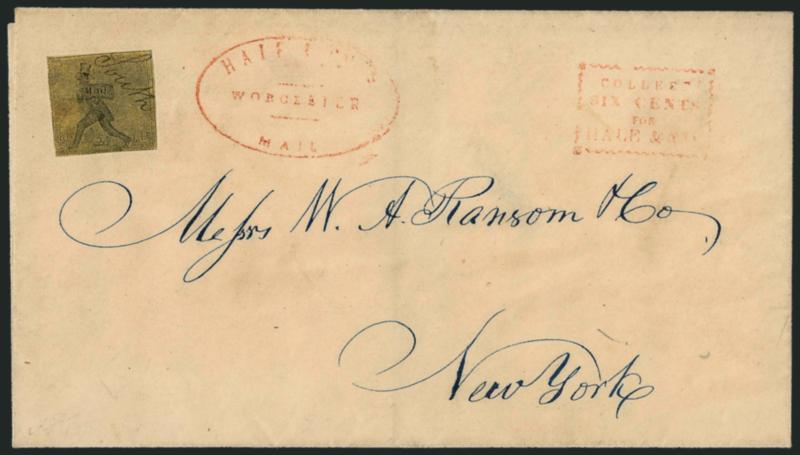 Hartford Mail Route, (5c) Black on Yellow Glazed (80L1).> Ample margins to slightly in, ms. <<South>> cancel, used on folded cover addressed in blue to New York City, <red Hale & Co.s Worcester Mail> oval
handstamp, matching Collect Six Cents f