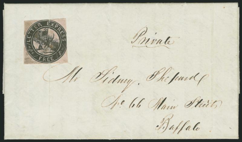 Letter Express (Wells), 10c Black on Pink Glazed (96L3).> Ample margins to in at right, ms. cancel, tied by file fold on June 28, 1844 folded letter from Detroit to Buffalo, from the Shepard
correspondence<><>^FINE APPEARANCE. A VERY RARE COVER BEA
