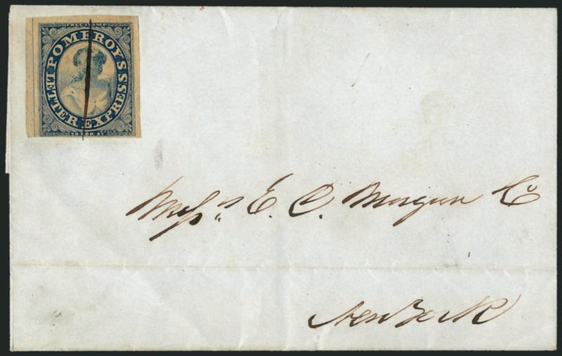Pomeroys Letter Express, 5c Blue on Thin Bond (117L3).> Large margins to just in at bottom, <tied> by single penstroke on 1844 folded cover to New York City, probably originated in upstate New York where the
Blue stamp was used<><>^VERY FINE. AN E