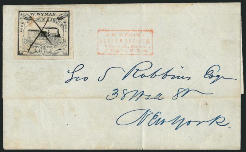 W. Wyman, Boston Mass., 5c Black (149L1).> Large to huge margins, cancelled by ms. X on folded cover docketed Oct. 28, 1844 from Boston to Geo. S. Robbins in New York City, red Wymans handstamp, small faint gum
stain on stamp<><>^EXTREMELY FINE.