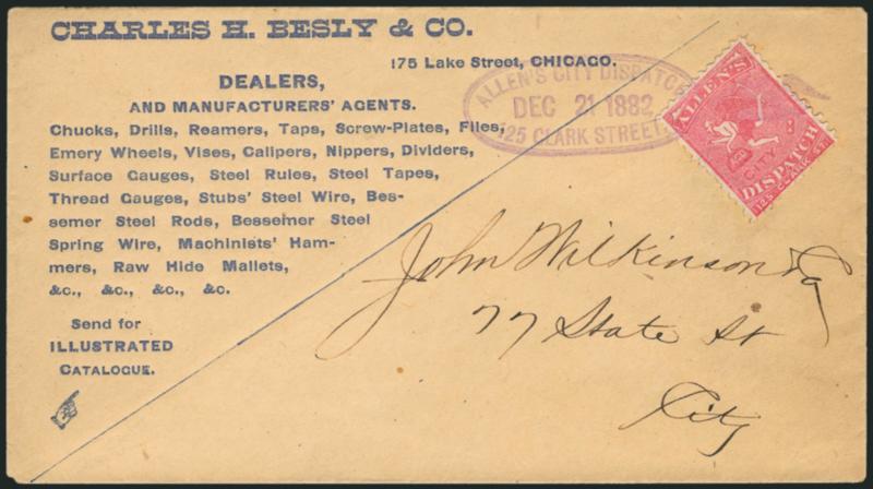 Allens City Dispatch, Chicago Ill., (unstated value) Pink (3L1).> Tied by purple Allens City Dispatch, 125 Clark Street, Dec. 21, 1882 double-line oval datestamp and Eagle fancy cancel on machine tool dealer
and manufacturers advertising cover t