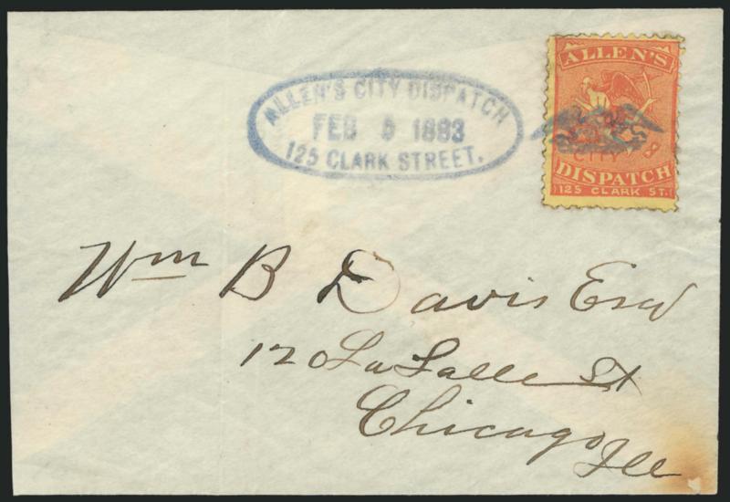 Allens City Dispatch, Chicago Ill., (unstated value) Red on Yellow (3L3).> Tied by bluish Eagle cancel and matching Allens City Dispatch, 125 Clark Street, Feb. 5, 1883 oval datestamp on cover to local street
address, reduced -34 in. at left, cr