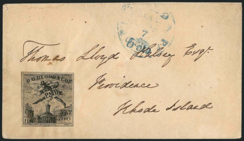 D. O. Blood & Co., Philadelphia Pa., (2c) Black (15L5).> Uncancelled and used on cover to Providence R.I., blue Philada. Pa. 5cts. May 7 integral-rate circular datestamp, Very Fine, ex Hyzen