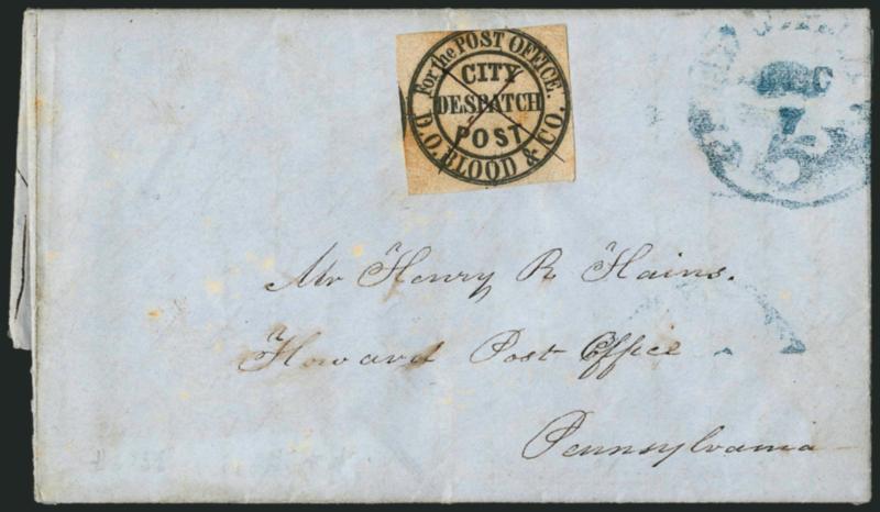 D. O. Blood & Co., Philadelphia Pa., (1c) Black, For the Post Office (15L7).> Large margins to in and showing part of adjoining stamp at left, cancelled by large ms. X on blue folded letter to Howard P.O.
Penn., blue Philada. Pa. 5cts. Dec. 7 i