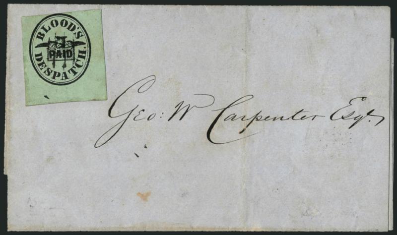 Bloods City Despatch, Philadelphia Pa., (unstated value) Black on Pale Green (15L11).> Huge margins to just in at top incl. <bottom right corner sheet margins,> cancelled by neat strike of 4-bar grid on Sep. 6,
1848 part-printed notice for Pennsylva