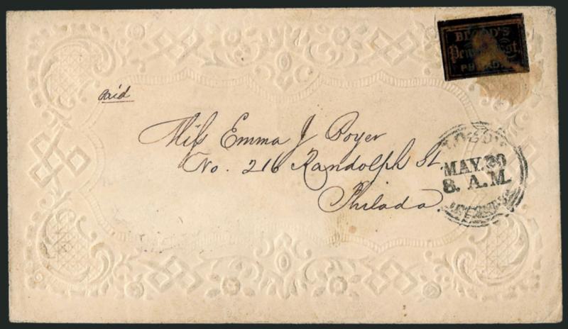 Bloods City Despatch, Philadelphia Pa., (1c) Gold, Bronze on Black Glazed (15L12, 15L16, 15L17).> Two of first, each acid tied to local street address, three are ladys covers, few small flaws, overall a
Fine-Very Fine group, Scott Retail $550.00