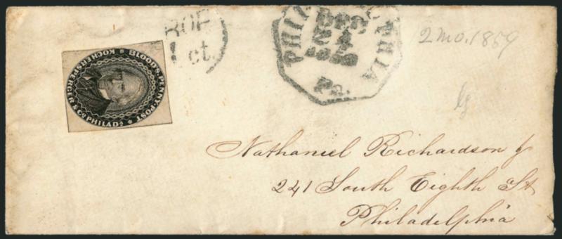 Bloods Penny Post, Philadelphia Pa., (1c) Black (15L18).> Large margins to clear, tied by <Drop 1ct> in circle handstamp, matching Philadelphia Pa. Dec. 24, 1859 octagonal datestamp on cover to local street
address, trivial overall soiling, Very