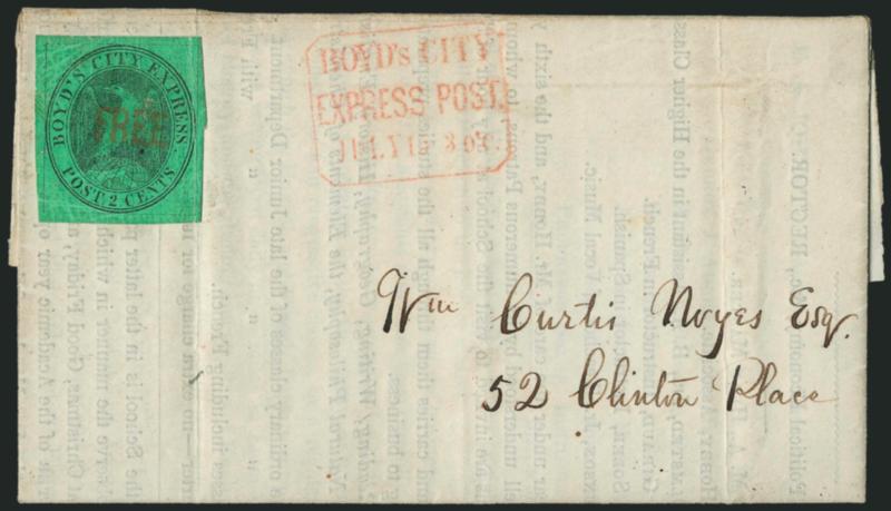 Boyds City Express, New York N.Y., 2c Black on Green Glazed (20L1).> Huge margins all around, cancelled by red Free, matching Boyds CityExpress PostJuly 15 3 OC. rectangular framed datestamp on folded printed
school notice to local street ad