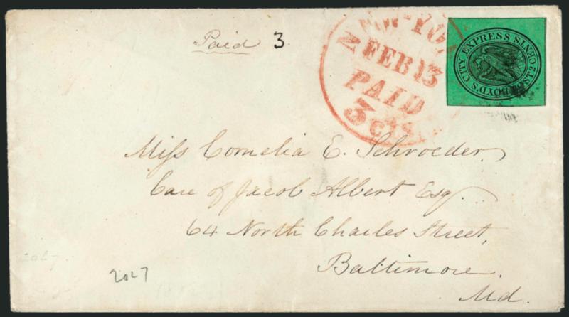 Boyds City Express, New York N.Y., 2c Black on Green, Yellow Green Glazed (20L7, 20L7a, 20L8).> Each used on cover and tied by handstamp, first to Baltimore Md., latter two to local street addresses, fresh and
Fine-Very Fine, Scott Retail $460.00