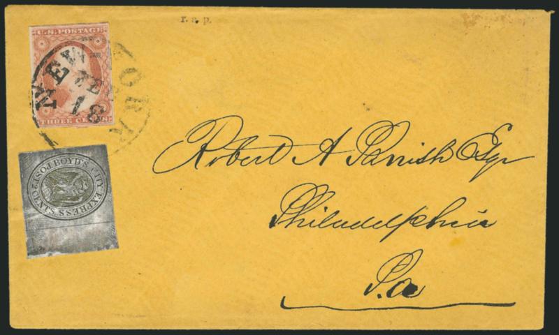 Boyds City Express, New York N.Y., 2c Gold on Glazed White (20L9).> Right sheet margin single, used with <3c Yellowish Rose Red, Ty. I (11),> large margins, both tied by New-York Feb. 18 circular datestamp on
orange cover to Philadelphia, 1c sligh