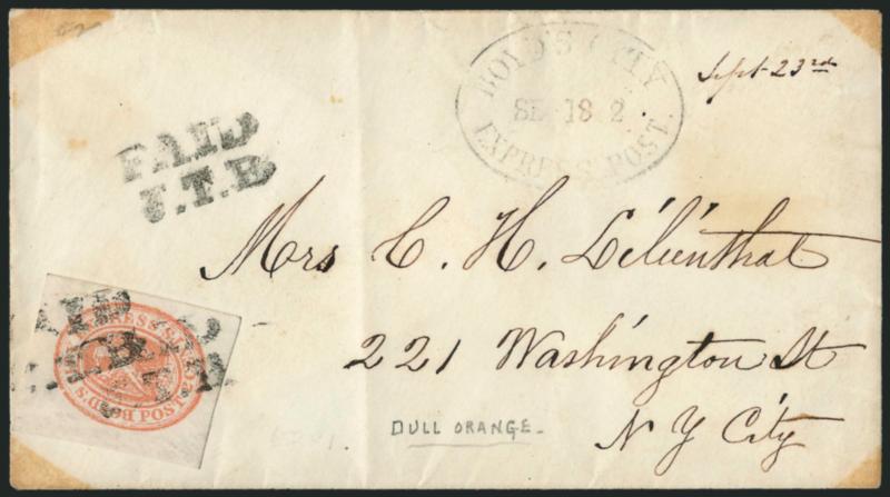 Boyds City Express, New York N.Y., 2c Dull Orange (20L13).> Enormous margins all around, tied by Paid J.T.B. handstamps, third strike at top, on cover to local street address, neat Boyds City Express Post Sep.
18 oval datestamp, faint vertical