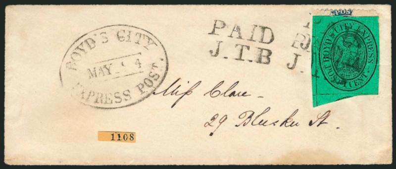 Boyds City Express, New York N.Y., 1c Black on Green (20L15).> Large margins, rich color, tied by two strikes of Paid J.T.B. handstamp, third strike at left, on small cover to local street address, bold Boyds
City Express Post May ? oval datest