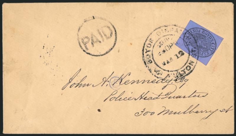 Boyds City Express, New York N.Y., 1c Black on Lilac (20L24).> Large margins, tied by bold strike of Boyds Dispatch, 39 Fulton St. Mar. 12 double-circle datestamp on cover to local street address, large Paid in
circle handstamp at left, Very Fi
