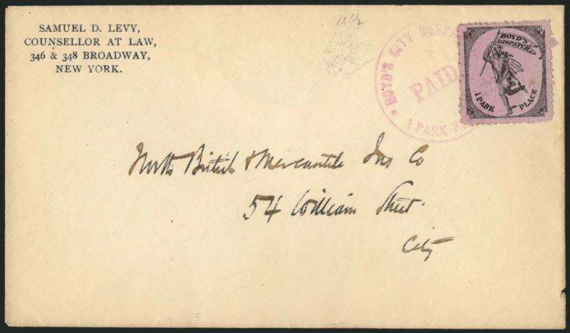 Boyds Dispatch, New York N.Y., (unstated value) Black on Lavender (20L47).> Well-centered, tied by purple Boyds City Despatch, 1 Park Place, N.Y. Paid circular handstamp on attorneys corner card cover to
British Mercantile Ins. Co., Extremely Fi