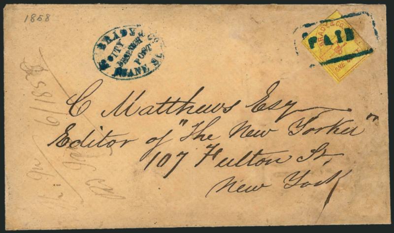 Brady & Co., New York N.Y., 1c Red on Yellow (22L1).> Ample margins to just touching frameline, tied by blue Paid in rectangular frame, matching Brady & Co. City Despatch Post, 97 Duane St. oval handstamp on
brown cover to C. Matthews, editor of