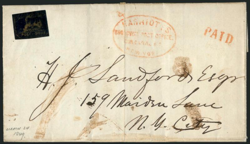 Broadway Post Office, New York N.Y., (1c) Gold on Black Glazed (26L1).> Ample to large margins except touched at right, uncancelled, some colored-in scrapes in surface at left, affixed to Mar. 24, 1849 folded
letter with Harriotts Broadway Post Off