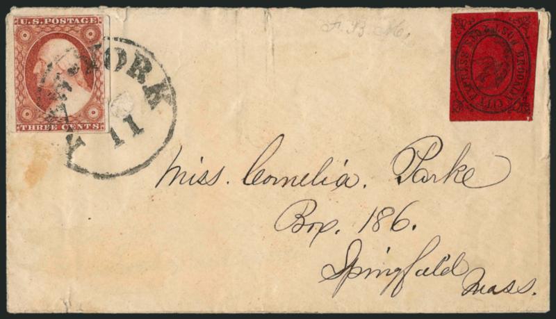 Brooklyn City Express Post, Brooklyn N.Y., 2c Black on Crimson (28L3).> Large margins, cancelled by handstamp and used with 3c Dull Red, Ty. I (11), tied by New-York ? 11 circular datestamp on cover to
Springfield Mass., cover with some wear incl.