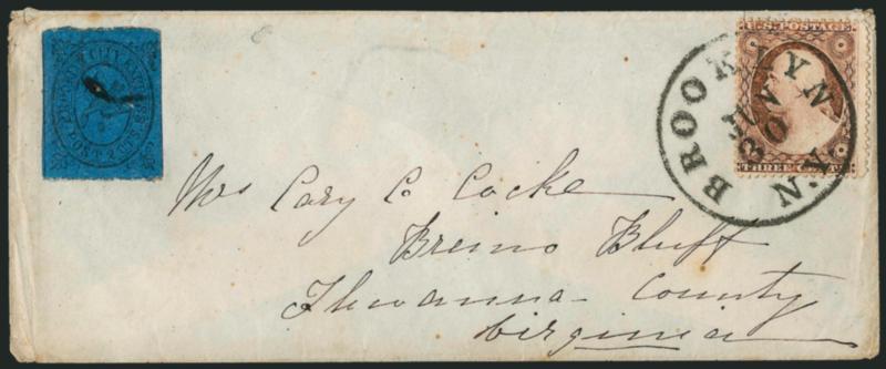 Brooklyn City Express Post, Brooklyn N.Y., 2c Black on Dark Blue (28L5).> Cancelled by ms and used with 3c Dull Red, Ty. III (26), tied by Brooklyn N.Y. Jun. 30 circular datestamp on cover to Bremo Buff Va.,
Very Fine
