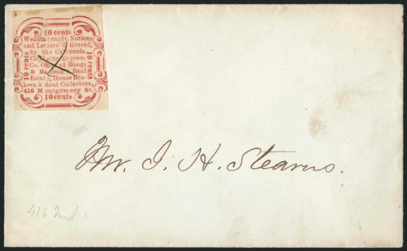California City Letter Express Co., San Francisco, 10c Red, Type I (33L1).> Large margins to slightly in, projections cut into at sides, rich color, small ms. X cancel (not tied as usual), used on cover to J.
H. Stearns<><>^A FINE EXAMPLE OF THE