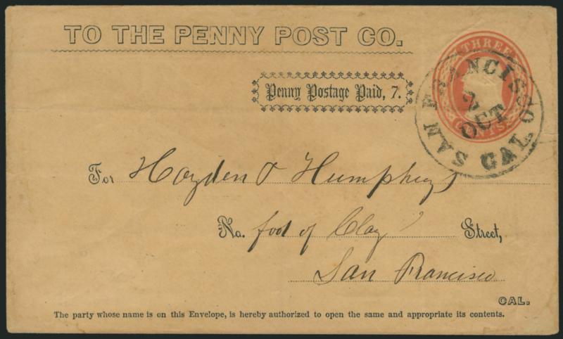 California Penny Post Co., San Francisco, 7c Black on 3c Red on Buff Entire (34LU11B).> Instructions for mailing and list of towns on back, bold <San Francisco Cal. 2 Oct. (1855)> circular datestamp, to local
San Francisco street address, light cov