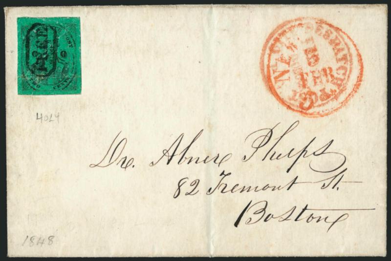 (Coles) City Despatch Post, New York N.Y., 2c Black on Green Glazed, CC (40L4).> Cancelled by Free in frame (used previously by Greig) on 1848 folded cover to Boston, overlapping red New York (Feb. 5) and City
Despatch circular datestamps, stamp