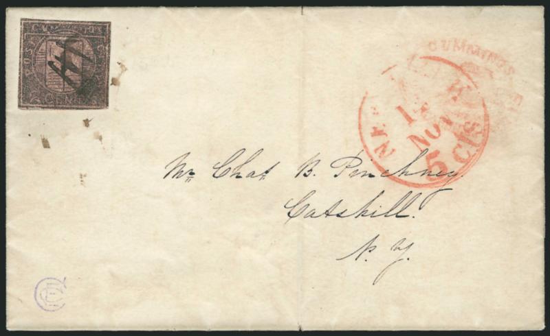 Cummings City Post, New York N.Y., 2c Black on Rose Glazed (55L1).> Framelines show on all four sides, ms. cancel with splashes of ink tying stamp, red oval Cummings Express 2 Ct. locomotive handstamp and red
New-York 5 cts. 14 Nov. integral-ra