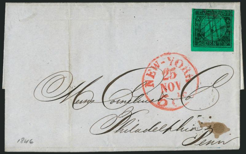 Cummings City Post, New York N.Y., 2c Black on Green Glazed (55L2).> Three large margins, touched at top, small piece torn out of top and repaired, ms. cancel (not tied), red New-York 5 cts. 25 Nov.
integral-rate circular datestamp on 1846 folded