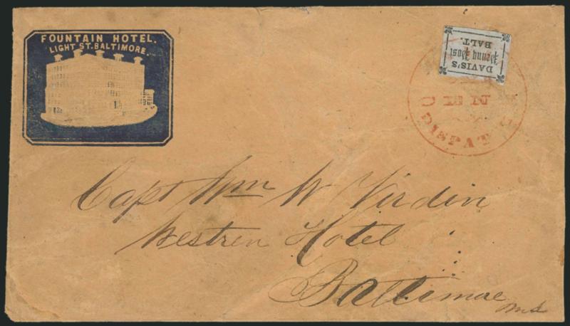 Daviss Penny Post, Baltimore Md., (1c) Black on Lilac (57L1).> Type F (Position 6), ample margins just touching corner ornaments, <tied by red Davis One Cent Dispatch circular handstamp> on ca. 1856 brown cover
to Capt. Wm. W. Virdin at the Weste