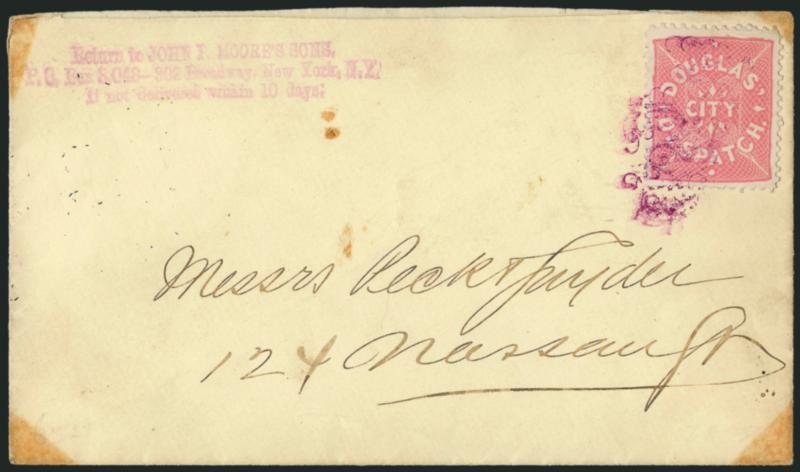 Douglas City Despatch, New York N.Y., (1c) Pink, Vermilion (59L1, 59L3).> Tied by purple cancel on separate covers to local street addresses, some edgewear, latter slightly reduced at left, still Very Fine,
Scott Retail $625.00