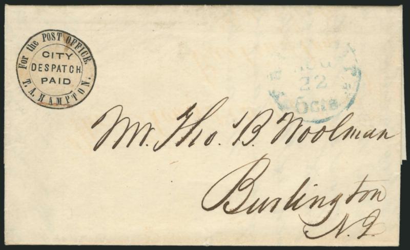 T. A. Hampton City Despatch, Philadelphia Pa., (2c) Black (77L1).> Cut to shape as always, frameline complete all around, uncancelled, small ink stain and broken crease at bottom with small repair and red ink
mark, affixed to Aug. 22, 1848 folded let