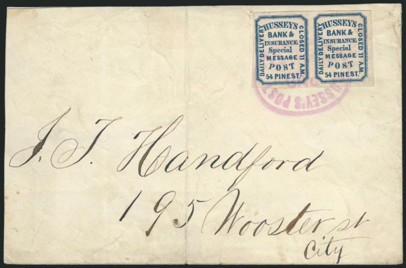 Husseys Post, New York N.Y., (unstated value) Blue, Wove (87L45).> Horizontal pair, left stamp the variety with two periods after A.M., ample to huge margins, tied by purple Husseys Post, Paid, 54 Pine St. oval
handstamp on cover to local stree