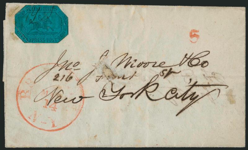Kidders City Express Post, Brooklyn N.Y., 2c Black on Pale Blue Glazed (93L1).> Cut to shape, creased, lifted and reaffixed to small Mar. 13, 1849 printed notice to New York City street address, red Brooklyn
N.Y. Mar. 14 circular datestamp and 5