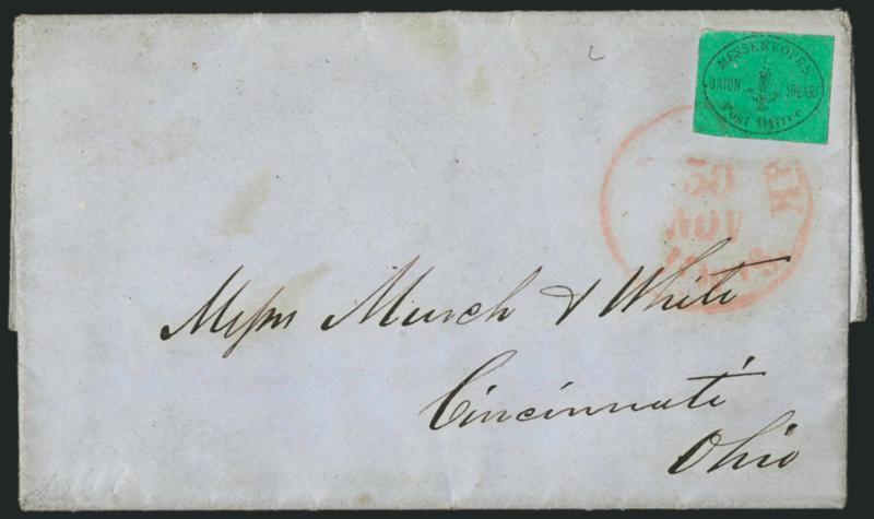 Messenkopes Union Square Post Office, New York N.Y., (1c) Black on Green Glazed (106L1).> Large margins to full, tied by red New-York 10cts. Nov. 30 integral-rate circular datestamp on folded letter to
Cincinnati O., Very Fine, with 1993 P.F. cert