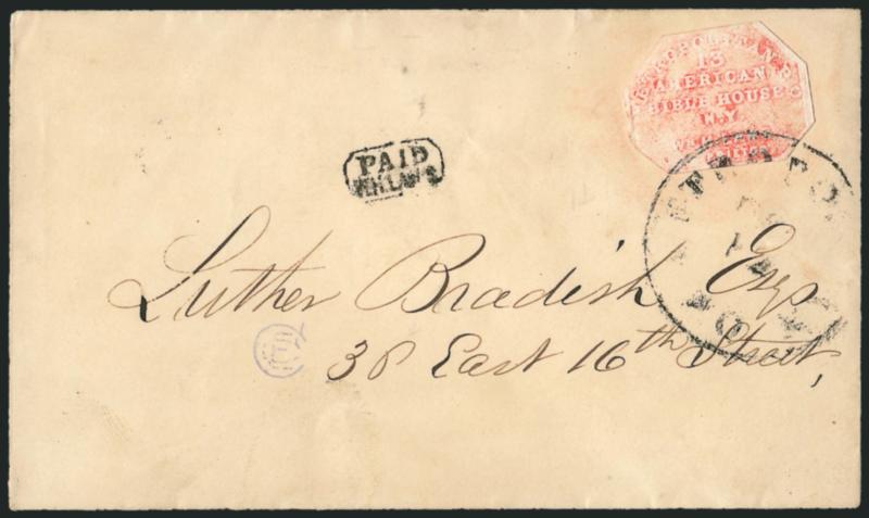 Metropolitan Post Office, New York N.Y., (2c) Pale Red on Glazed (108L3).> Without the ^PRO^ in ^PROPRIETOR^, cut to shape, tied by partly readable Metropolitan P.O. (Dec?) 12 circular datestamp with PaidW. H.
Laws framed handstamp on small