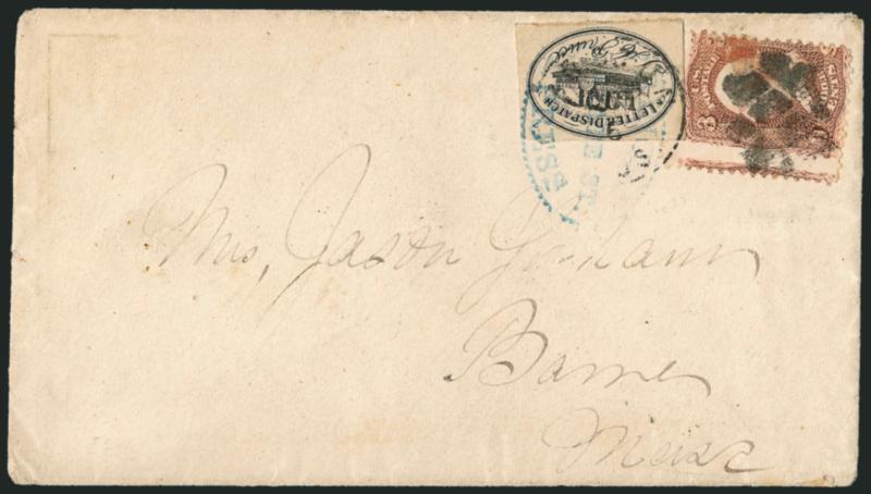 Princes Letter Dispatch, Portland Me., (no value) Black (122L1).> Margins all around, used with 3c Red, F. Grill (94), <both stamps tied> by Boston Mass. Oct. 6 circular datestamp and segmented cork, also tied
by <blue Princes Express State St.