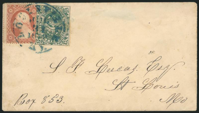 Squier & Co. City Letter Dispatch, St. Louis Mo., 1c Green, Imperforate (132L1).> Usual narrow margins touching in places, small tear at left and minor gum toning, used with 3c Dull Red, Ty. III (26), both
stamps <tied by blue Louisville Ky. Jul. 31