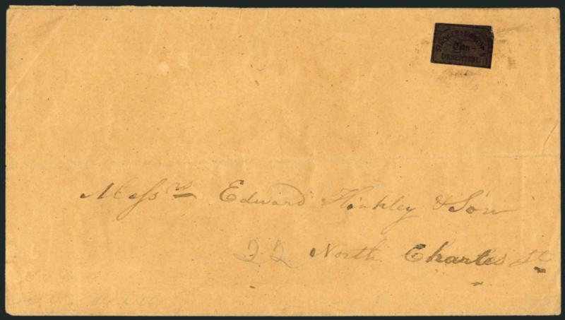 Stringer & Mortons City Despatch, Baltimore Md., (1c) Gold on Black Glazed (134L1).> Uncancelled, affixed to cover to local street address, small nick at top right, otherwise Fine, the stamp may not originate,
Scott Retail $700.00