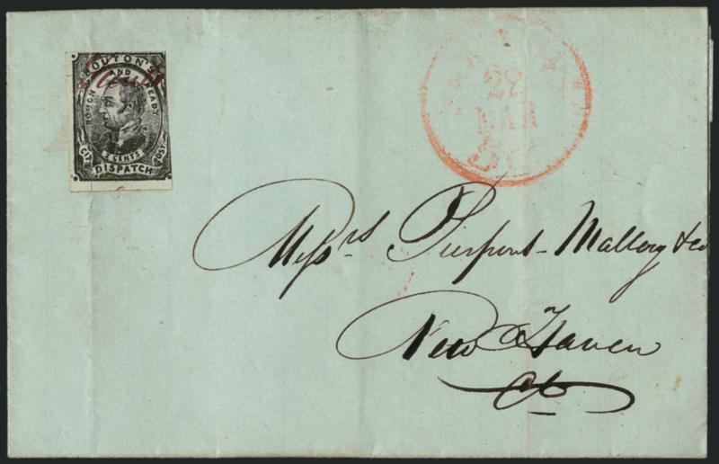 Swarts City Dispatch Post, New York N.Y., 2c Black on Gray Blue Wove, Boutons, Swarts at Top (136L13).> Two large margins, touched at top and right, uncancelled, tied by filing crease thru stamp, red New-York 5
cts. 22 Mar. integral-rate circul